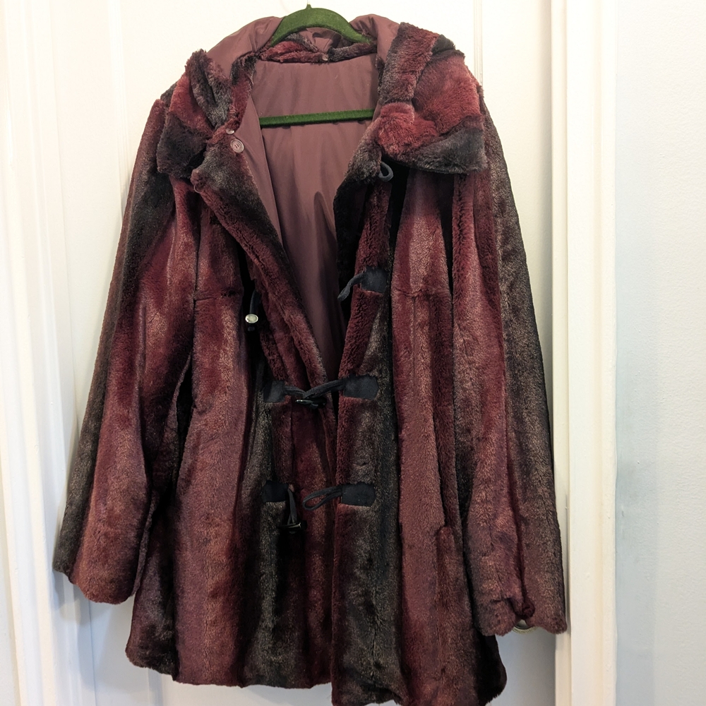 Burgundy Faux Fur Hooded Coat